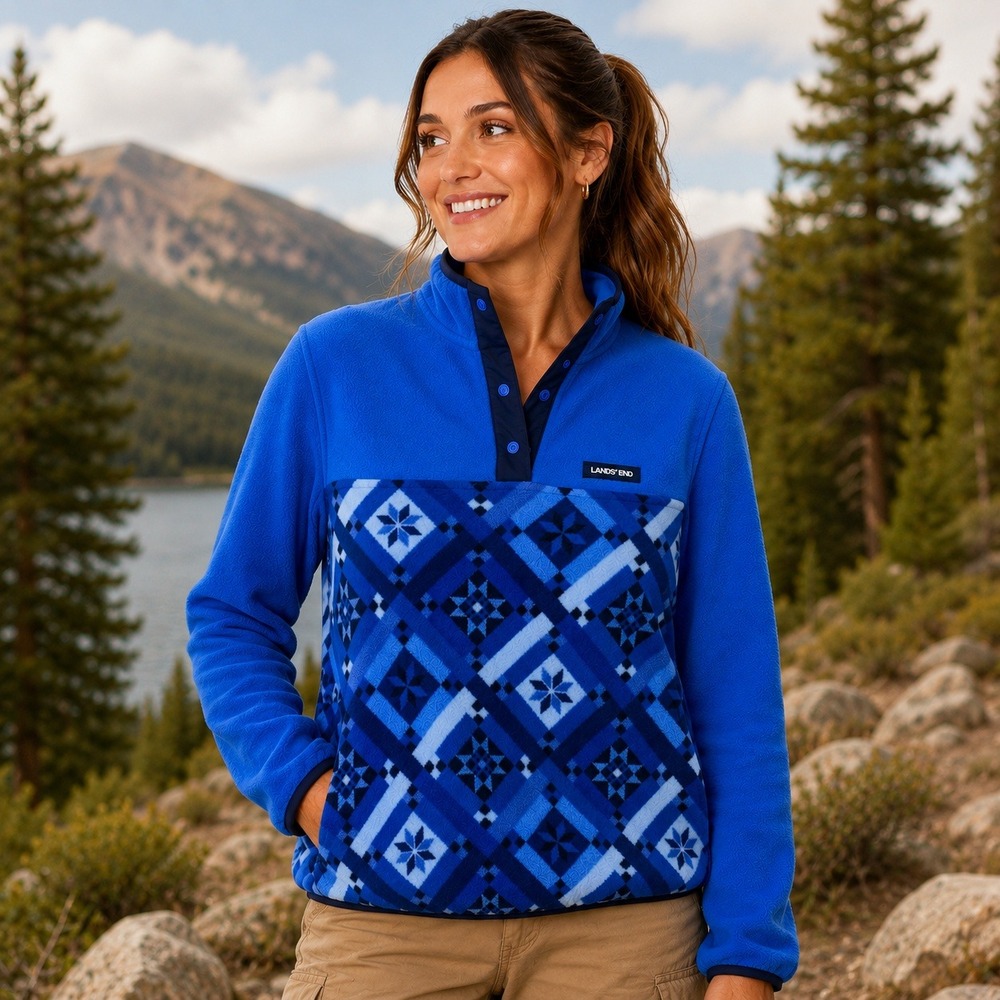 NWT Lands' End Fleece Sweater Women M Blue Nordic‎ Alpine Ski Cabin Hiking Cozy